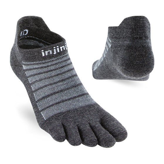 Run Lightweight No-Show Merino Wool - Unisex by Injinji in dark grey, ultra-thin minimalist toesock for running comfort and temperature performance