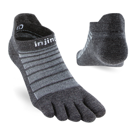 Run Lightweight No-Show Merino Wool - Unisex by Injinji in dark grey, ultra-thin minimalist toesock for running comfort and temperature performance