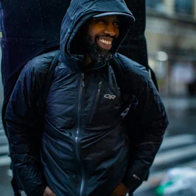 Helium Rain Jacket - Men by Outdoor Research in black, lightweight durable waterproof jacket for all-weather protection and urban use