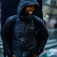 Helium Rain Jacket - Men by Outdoor Research in black, lightweight durable waterproof jacket for all-weather protection and urban use