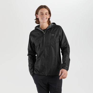 Helium Rain Jacket - Men by Outdoor Research in black, lightweight waterproof jacket with durable protection ideal for outdoor and travel use