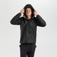 Helium Rain Jacket - Men by Outdoor Research in black, lightweight durable waterproof jacket with packable design for weather protection and outdoor use