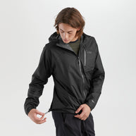 Helium Rain Jacket - Men by Outdoor Research in black, lightweight waterproof jacket with durable protection and packable design for outdoor use