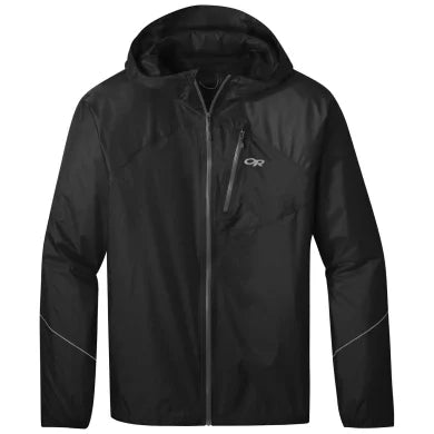 Helium Rain Jacket - Men by Outdoor Research in black lightweight waterproof jacket with packable durable protection for outdoor use