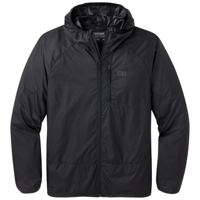 Helium Wind Hoodie - Men by Outdoor Research in black, lightweight durable wind shell with adjustable hood and chest pocket for climbing and hiking