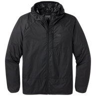 Helium Wind Hoodie - Men by Outdoor Research in black, lightweight durable wind shell with adjustable hood and chest pocket for climbing and hiking