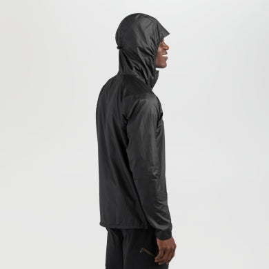 Helium Wind Hoodie - Men by Outdoor Research in black, lightweight durable wind shell with adjustable hood and chest pocket for climbing and hiking