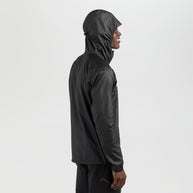 Helium Wind Hoodie - Men by Outdoor Research in black, lightweight durable wind shell with adjustable hood and chest pocket for climbing and hiking
