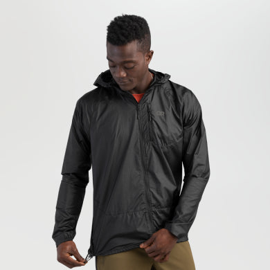 Helium Wind Hoodie - Men by Outdoor Research in black, lightweight durable wind shell with adjustable hood and chest pocket for climbing and hiking