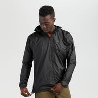 Helium Wind Hoodie - Men by Outdoor Research in black, lightweight durable wind shell with adjustable hood and chest pocket for climbing and hiking