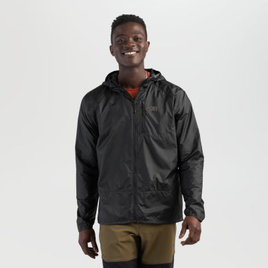 Helium Wind Hoodie - Men by Outdoor Research in black lightweight Diamond Fuse wind shell with adjustable hood and chest pocket for climbing and hiking