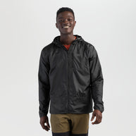 Helium Wind Hoodie - Men by Outdoor Research in black lightweight Diamond Fuse wind shell with adjustable hood and chest pocket for climbing and hiking