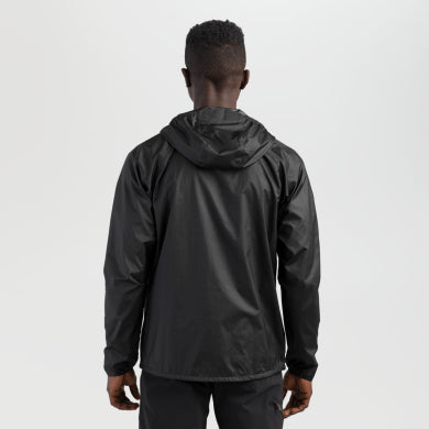 Helium Wind Hoodie - Men by Outdoor Research in black lightweight Diamond Fuse wind shell with adjustable hood and chest pocket for climbing hiking trail running