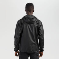 Helium Wind Hoodie - Men by Outdoor Research in black lightweight Diamond Fuse wind shell with adjustable hood and chest pocket for climbing hiking trail running
