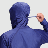 Helium Wind Hoodie - Men by Outdoor Research in blue lightweight wind shell with adjustable hood and durable design for climbing and hiking