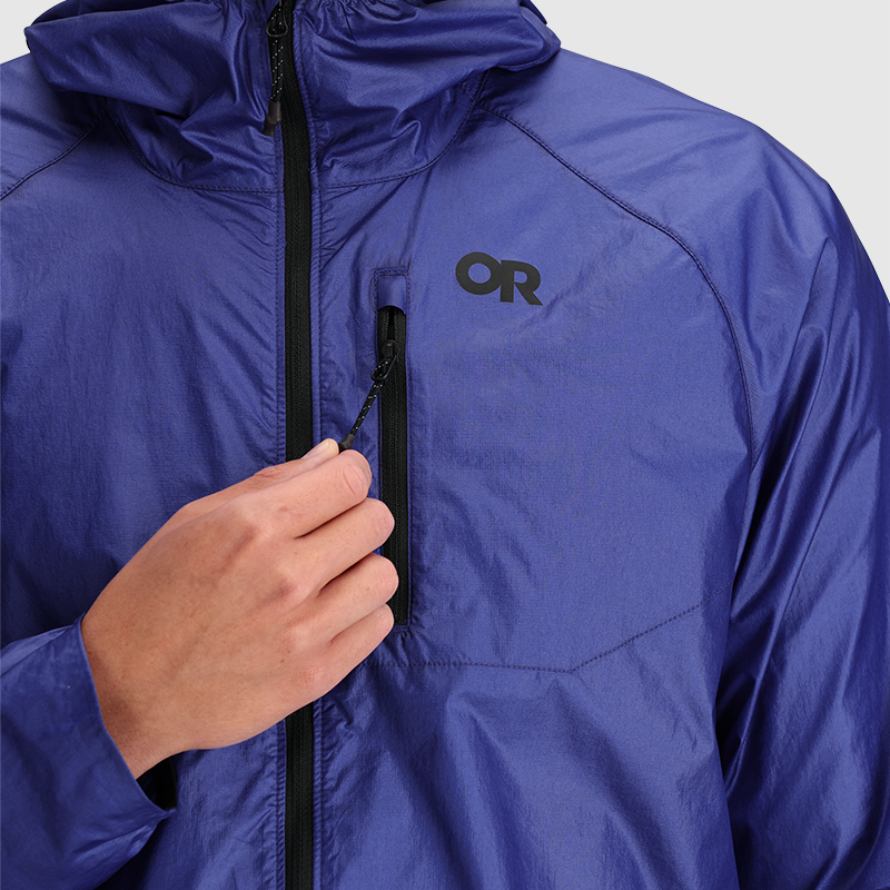 Helium Wind Hoodie - Men by Outdoor Research in deep blue lightweight wind shell with adjustable hood and chest pocket for climbing and hiking