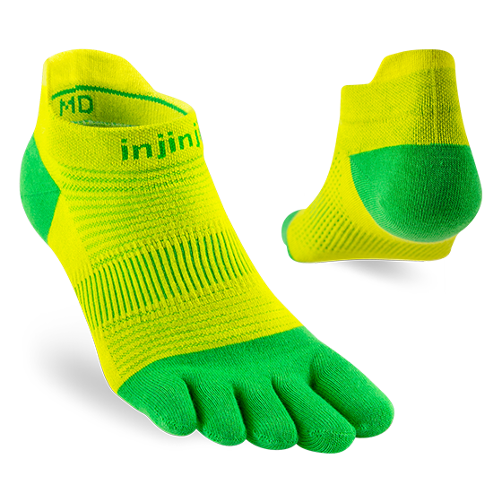 Injinji Run Lightweight No-Show - Unisex yellow and green five-toe socks designed for running with blister-free performance on all surfaces.