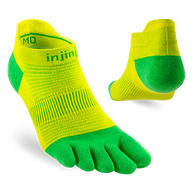 Injinji Run Lightweight No-Show - Unisex yellow and green five-toe socks designed for running with blister-free performance on all surfaces.