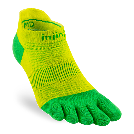 Injinji Run Lightweight No-Show - Unisex bright yellow and green five-toe running sock designed for blister prevention and low bulk performance.
