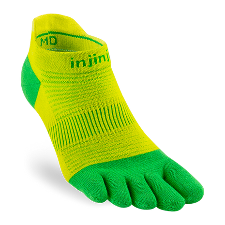 Injinji Run Lightweight No-Show - Unisex bright yellow and green five-toe running sock designed for blister prevention and low bulk performance.
