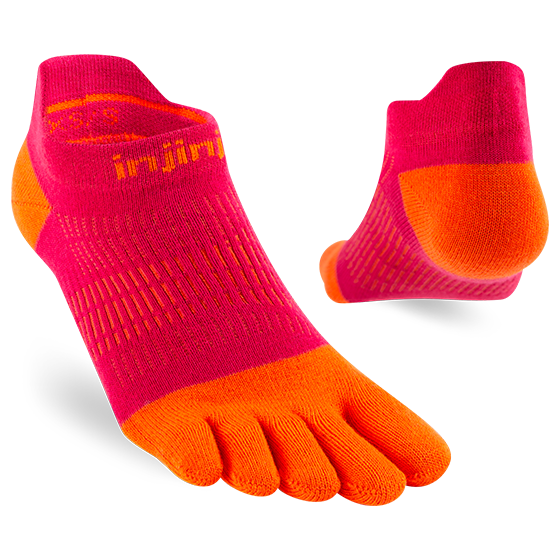 Run Lightweight No-Show - Women by Injinji in pink and orange, low-bulk running socks with narrow fit and stretch for all types of runs