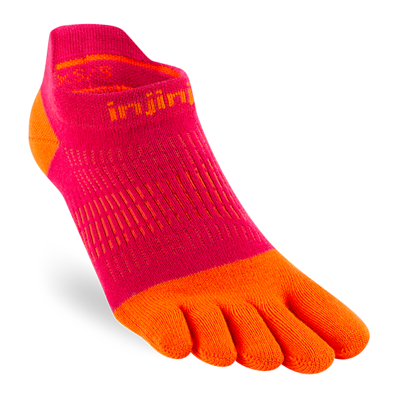 Run Lightweight No-Show - Women by Injinji in pink and orange low bulk running socks with narrow fit and toe design for running comfort