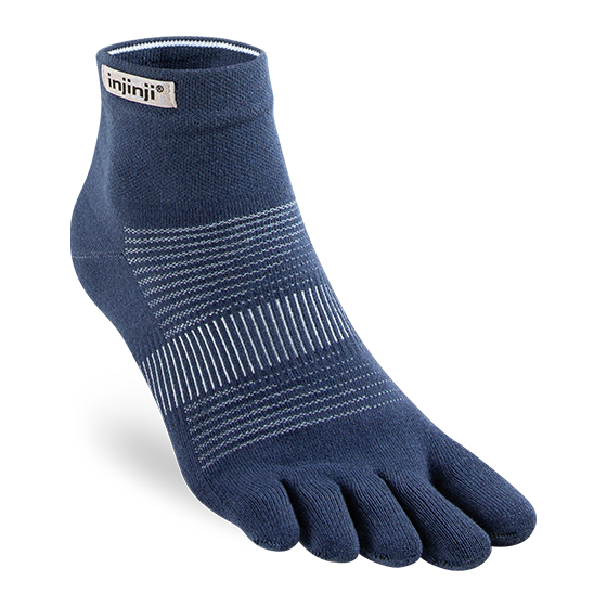 Run Lightweight Mini-Crew - Unisex by Injinji in navy blue, breathable toe socks designed for blister-free running and optimal comfort.