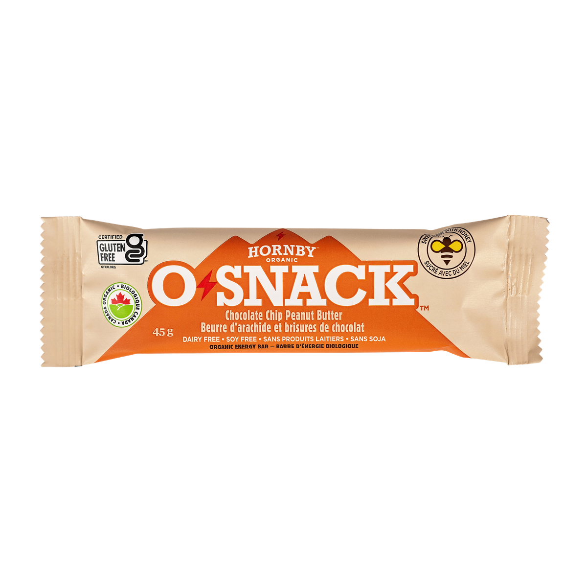 OSnack Chocolate Chip Peanut Butter by Hornby Organic in beige and orange, organic snack bar with peanut butter, oats, honey, gluten free, Canada-made.
