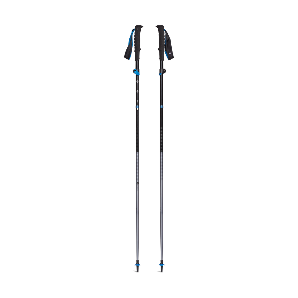 Distance FLZ Poles by Black Diamond in black and blue, lightweight packable poles with Flicklock adjustability for trail running and hiking