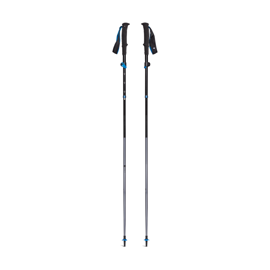 Distance FLZ Poles by Black Diamond in black and blue, lightweight packable poles with Flicklock adjustability for trail running and hiking