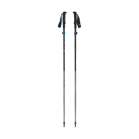 Distance FLZ Poles by Black Diamond in black and blue, lightweight packable poles with Flicklock adjustability for trail running and hiking