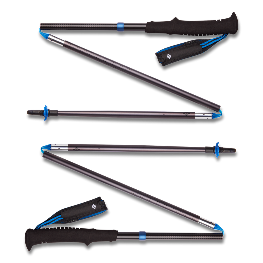 Distance Z Poles by Black Diamond in grey and blue, lightweight aluminum trekking poles with quick collapsing Z-Pole tech for trail running and hiking