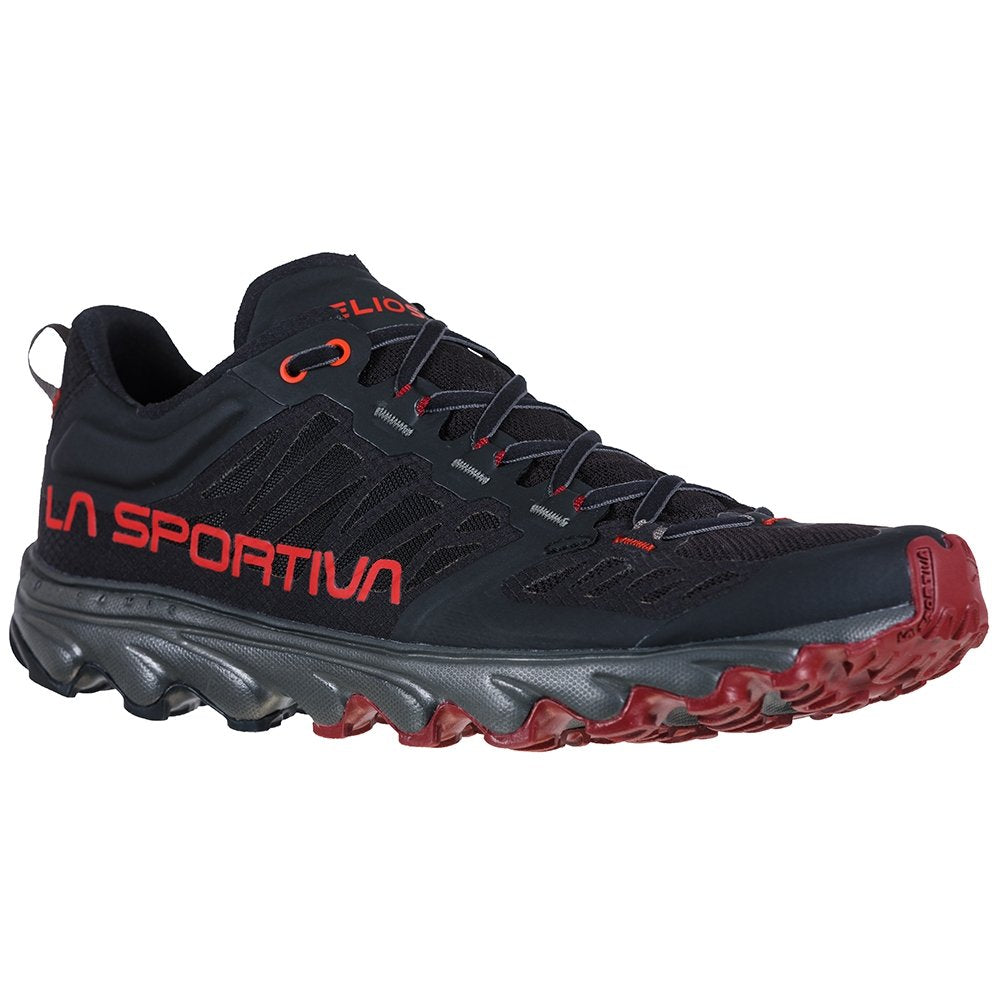 Helios III - Men by La Sportiva in black and red ultralight trail shoe with extra tongue and ankle padding for cushioned running
