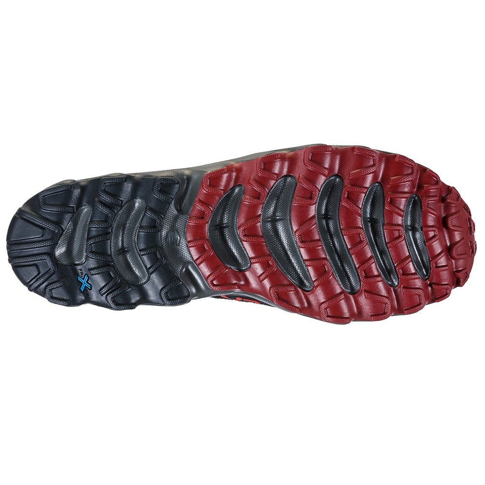 Helios III - Men by La Sportiva showing black and red outsole with ultralight cushioning and added ankle padding for trail running shoes