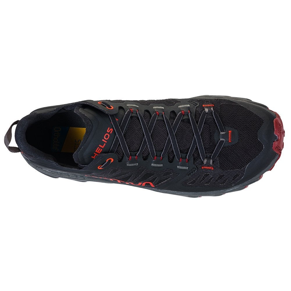 Helios III - Men by La Sportiva in black and red lightweight trail shoe with extra tongue and ankle padding for cushioned outdoor running