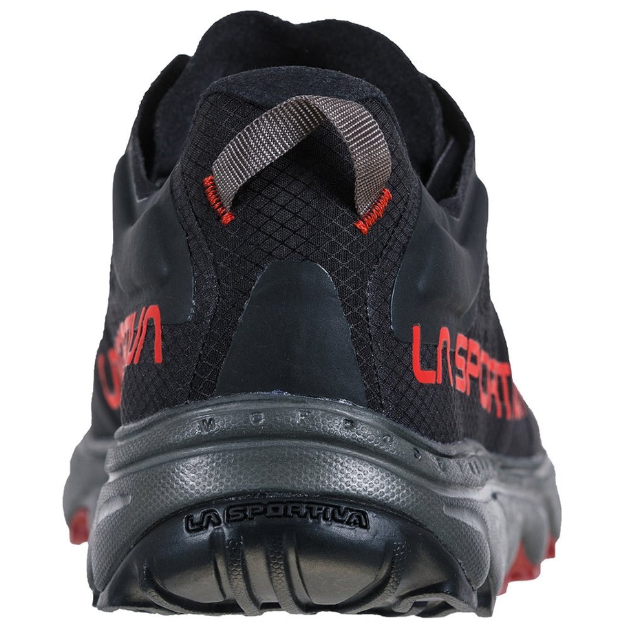 Helios III - Men by La Sportiva in black with red accents, ultralight cushioned trail shoe with enhanced tongue and ankle padding for running and hiking
