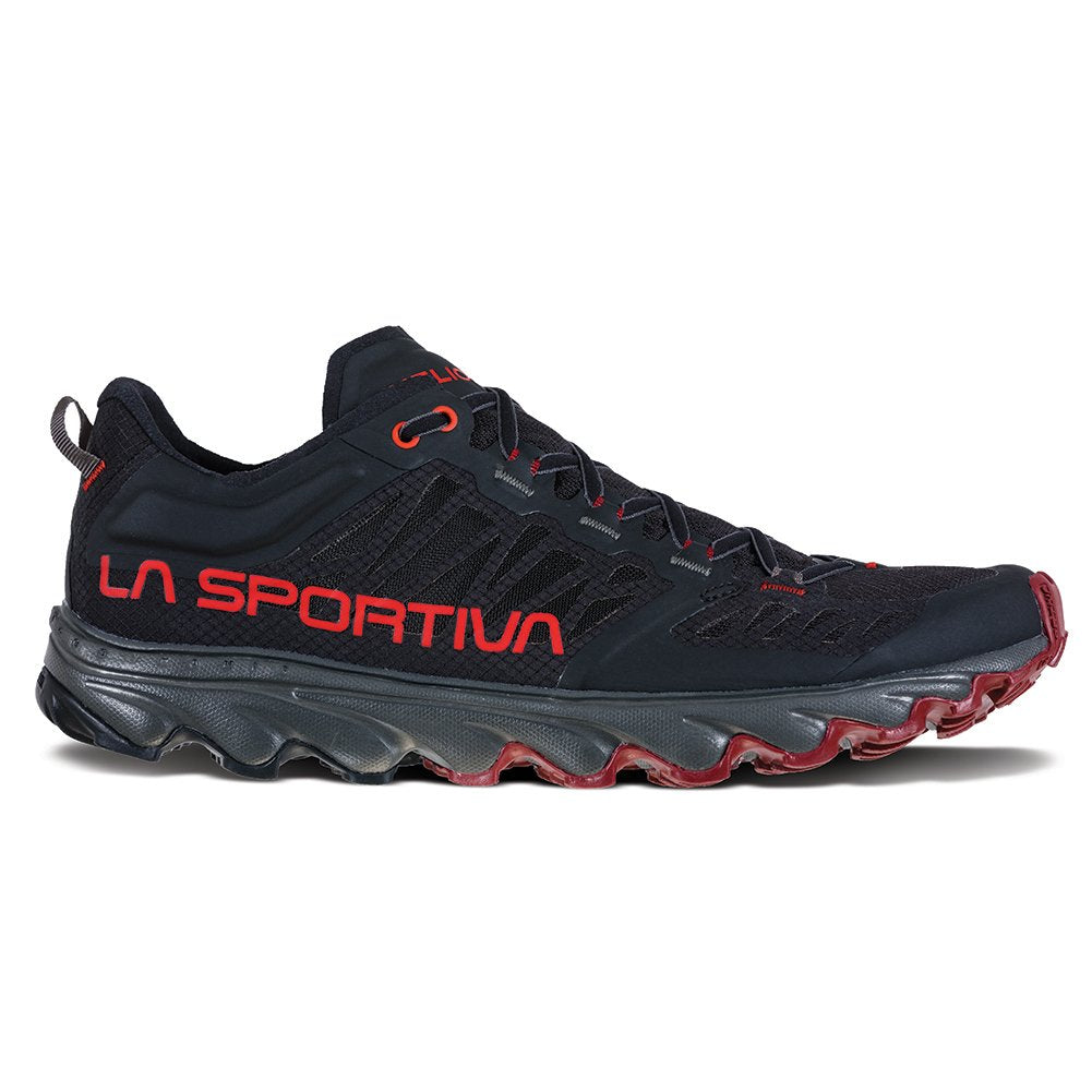 Helios III - Men by La Sportiva in black and red, ultralight cushioned trail shoe with added tongue and ankle padding for running and hiking
