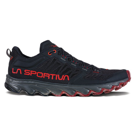 Helios III - Men by La Sportiva in black and red, ultralight cushioned trail shoe with added tongue and ankle padding for running and hiking