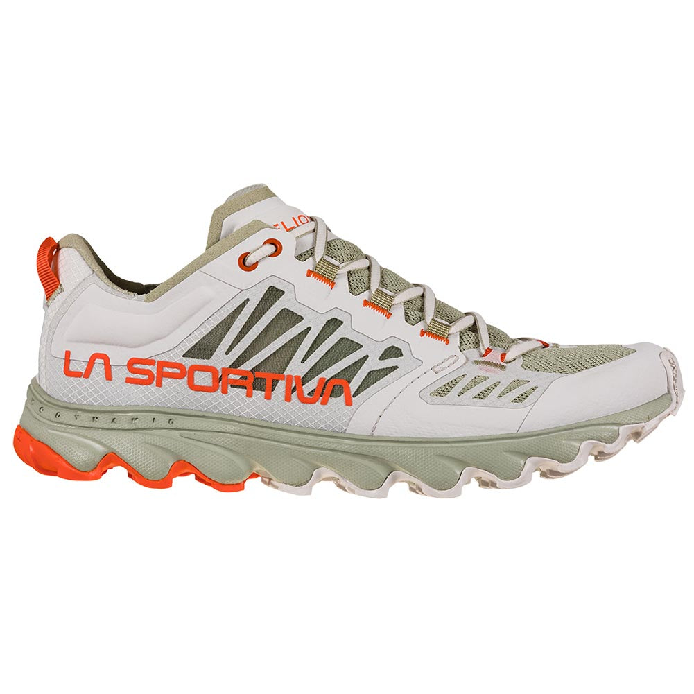 Helios III - Women by La Sportiva in white and light green with orange accents, ultralight cushioned trail shoe for running and hiking