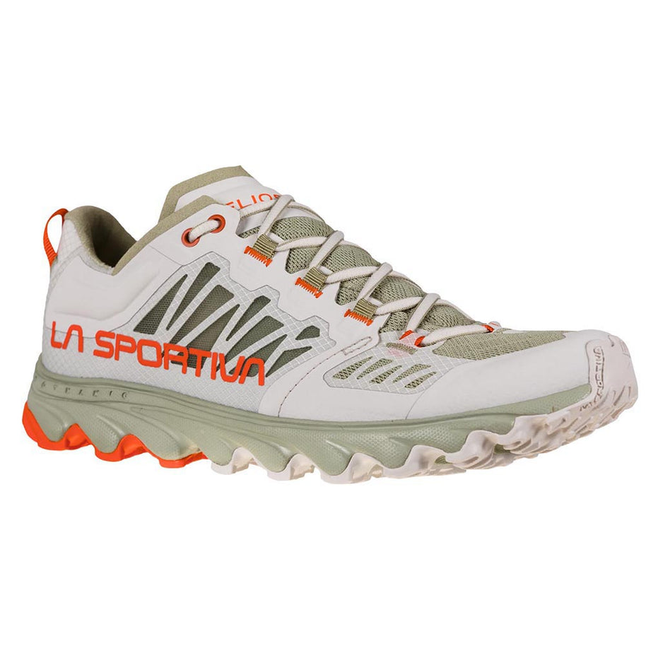 Helios III - Women by La Sportiva in white, green, and orange ultralight trail shoe with cushioned sole and extra ankle padding for trail running