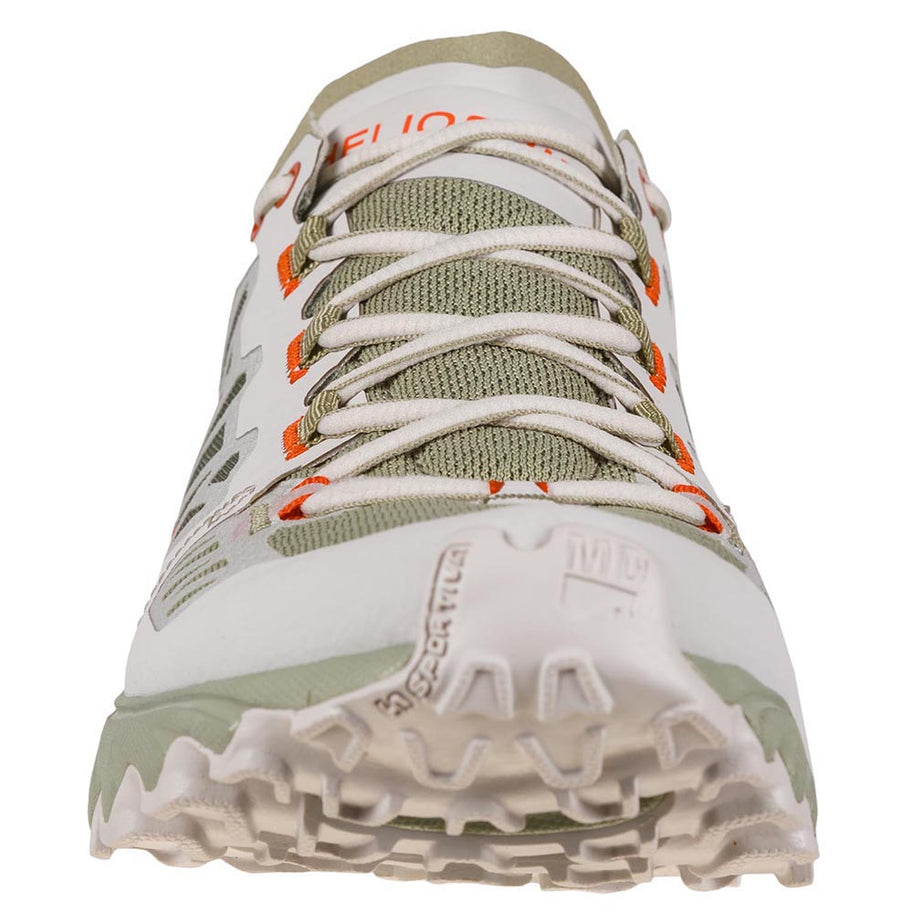 Helios III - Women by La Sportiva in beige and white ultralight trail shoe with added tongue and ankle padding for cushioned outdoor running