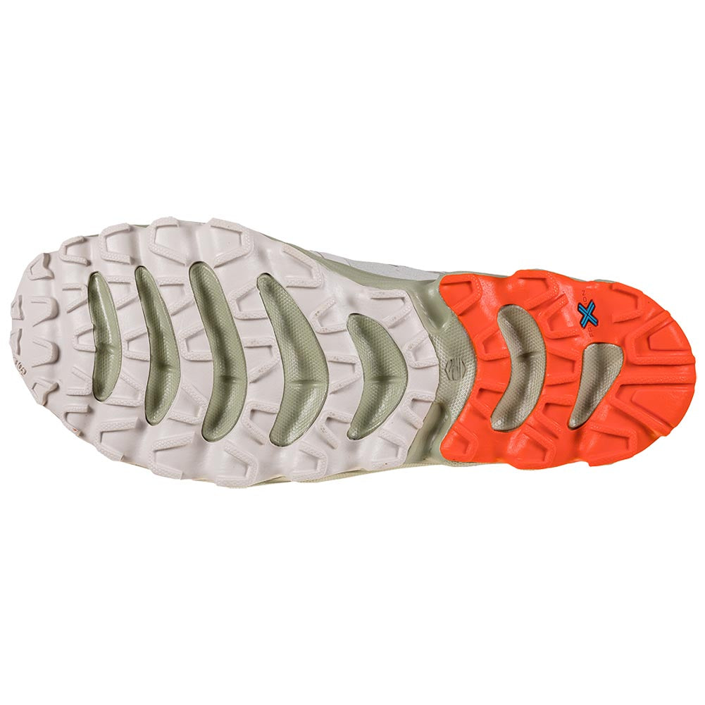 Helios III - Women by La Sportiva in white and orange with cushioned ultralight sole designed for trail running and outdoor use