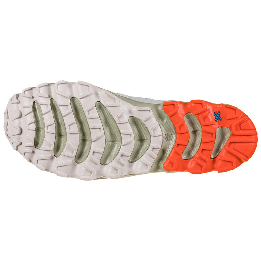 Helios III - Women by La Sportiva in white and orange with cushioned ultralight sole designed for trail running and outdoor use