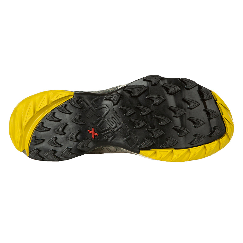 Akasha II - Women by La Sportiva in black and yellow durable outsole with traction for technical trail running and high mileage use
