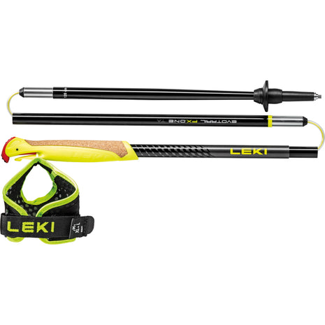 Evotrail FX ONE TA by Leki in black and yellow, stable aluminum trail running pole with cork grip and adjustable strap for rugged outdoor use