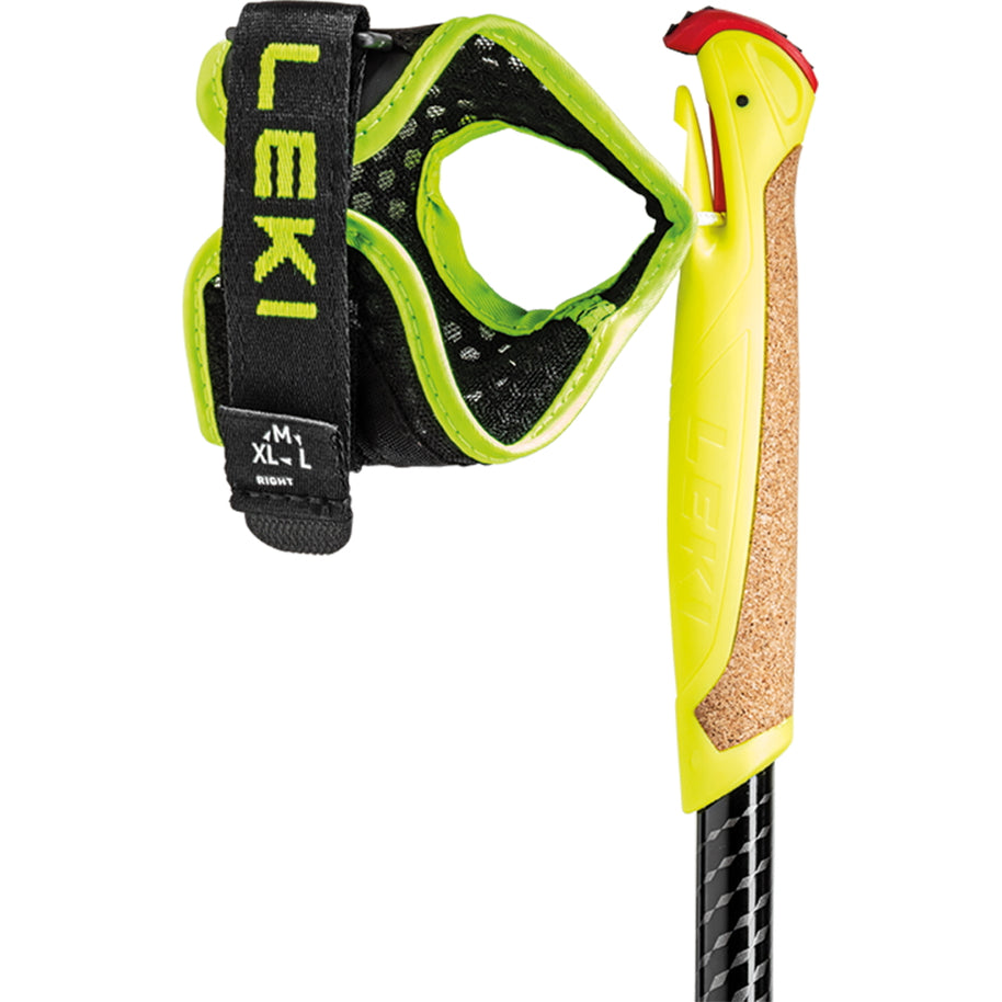 Evotrail FX ONE TA by Leki in yellow with cork grip, aluminum shaft, and adjustable strap for stable trail running poles