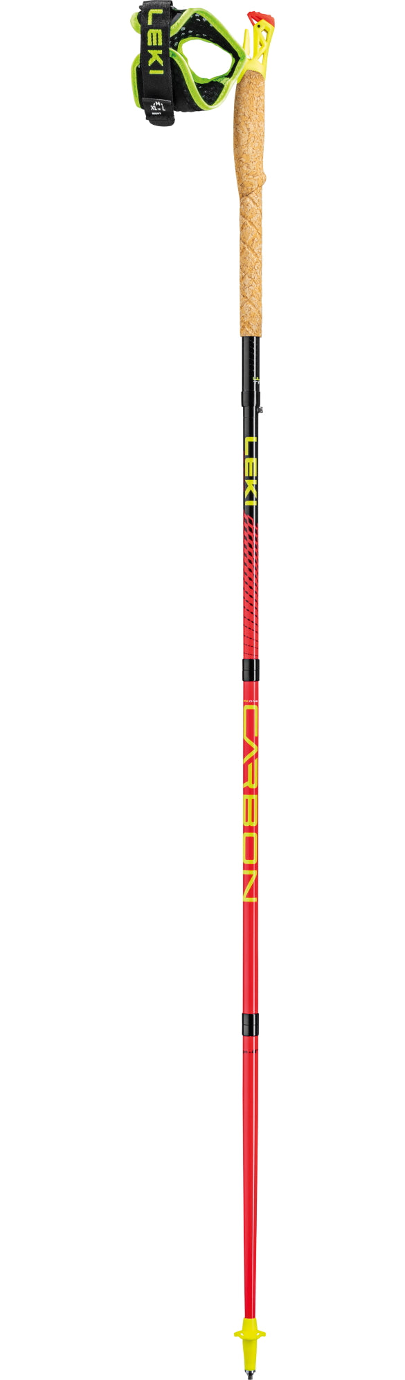 Ultratrail FX ONE by Leki in red and yellow with cork grip and Trail Shark strap system, designed for trail running poles