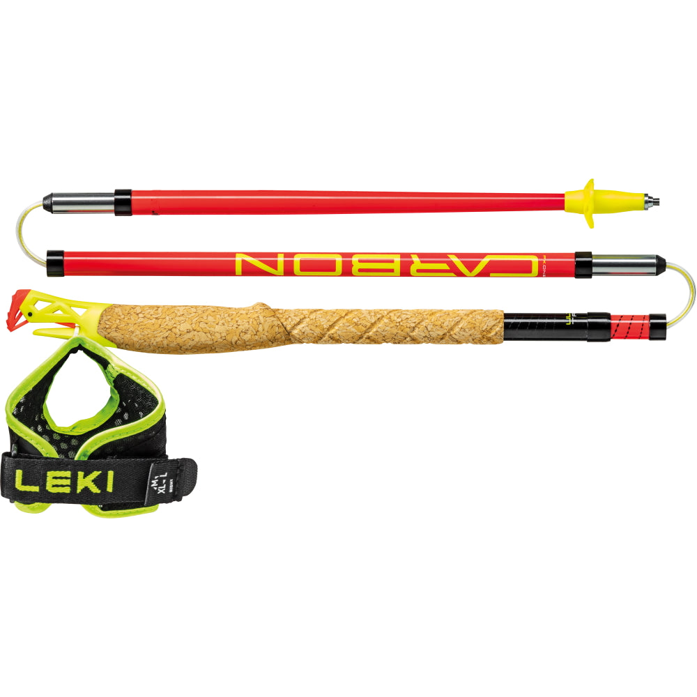 Ultratrail FX ONE by Leki in red and yellow, lightweight trail running poles with Trail Shark grip-strap system for race use