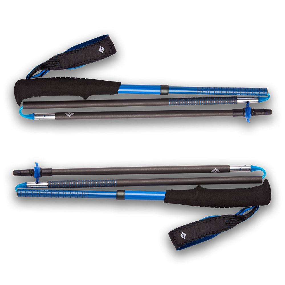 Distance Carbon Z Poles by Black Diamond in black and blue, lightweight carbon Z-poles with foldable three-section design for fast travel and running.