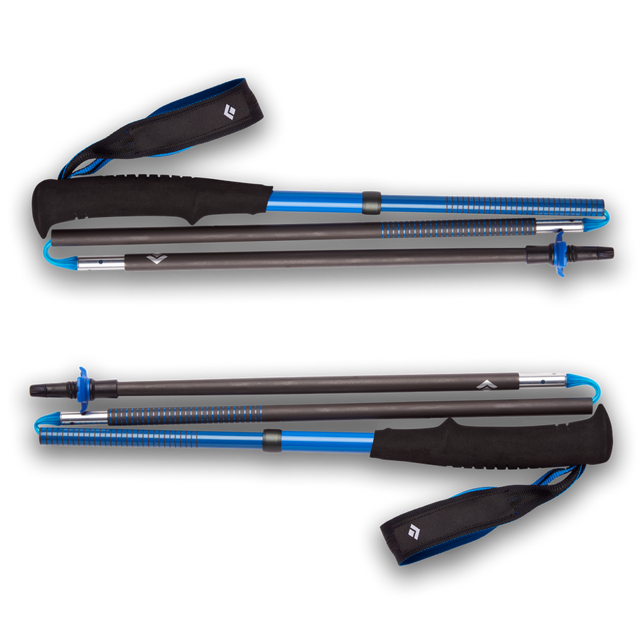 Distance Carbon Z Poles by Black Diamond in black and blue, lightweight carbon Z-poles with foldable three-section design for fast travel and running.